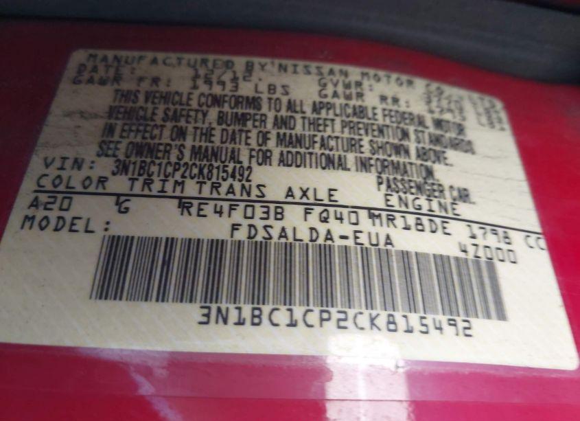 Photo 9 of 2012 Nissan Versa 1.8 S (VIN 3N1BC1CP2CK815492)