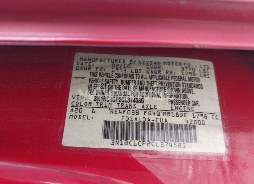 Photo 9 of 2012 Nissan Versa 1.8 S (VIN 3N1BC1CP2CL374585)