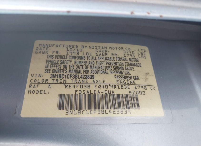 Photo 9 of 2011 Nissan Versa 1.8S (VIN 3N1BC1CP3BL423839)