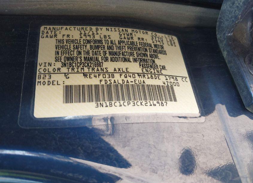 Photo 9 of 2012 Nissan Versa 1.8 S (VIN 3N1BC1CP3CK216987)