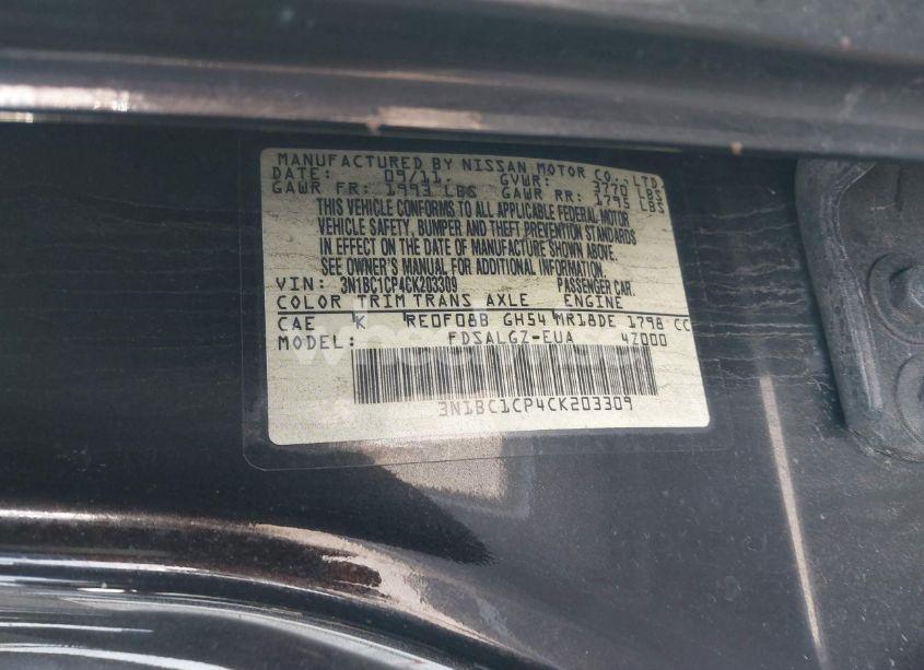 Photo 9 of 2012 Nissan Versa 1.8 SL (VIN 3N1BC1CP4CK203309)