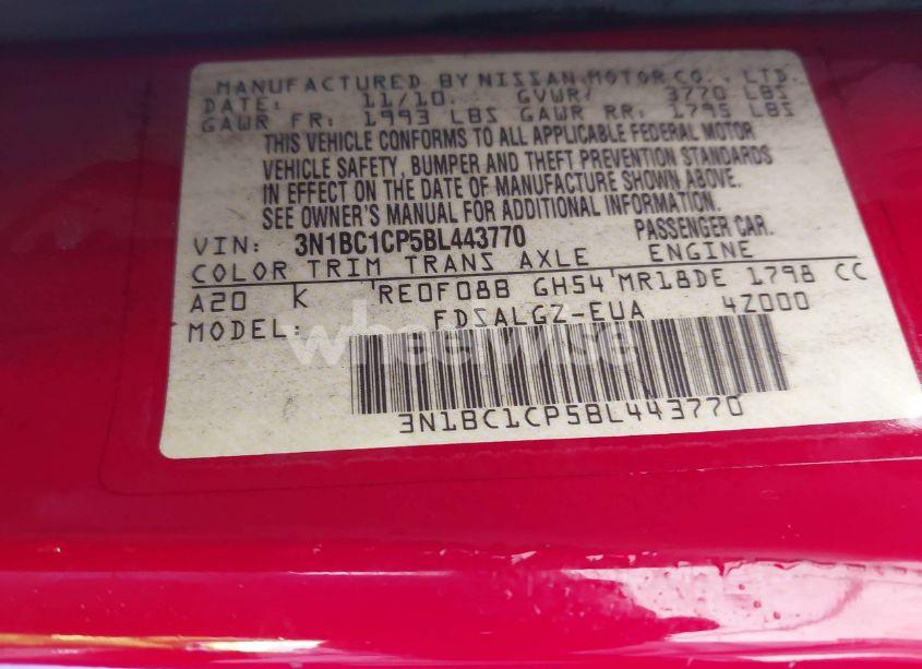 Photo 9 of 2011 Nissan Versa 1.8SL (VIN 3N1BC1CP5BL443770)