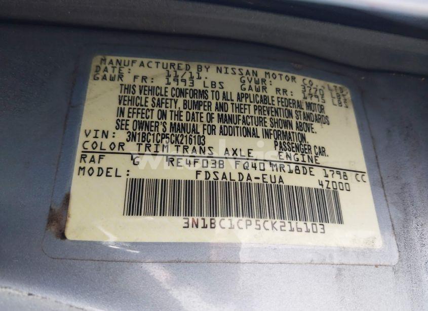 Photo 9 of 2012 Nissan Versa 1.8 S (VIN 3N1BC1CP5CK216103)