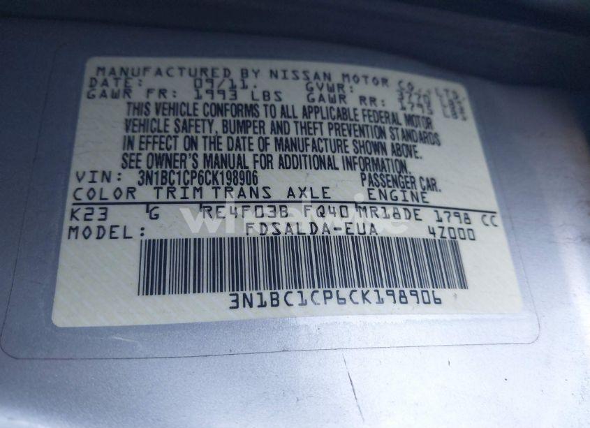 Photo 9 of 2012 Nissan Versa 1.8 S (VIN 3N1BC1CP6CK198906)