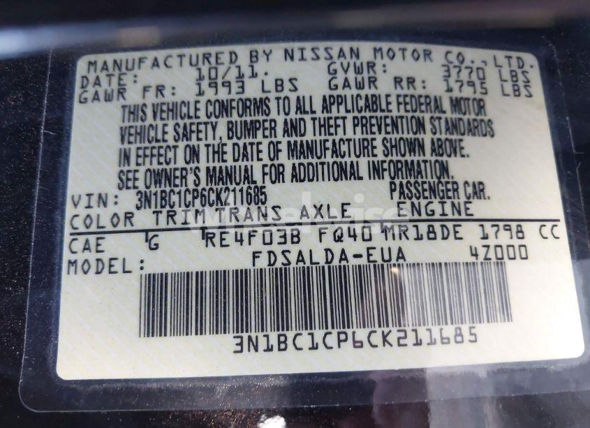 Photo 9 of 2012 Nissan Versa S (VIN 3N1BC1CP6CK211685)