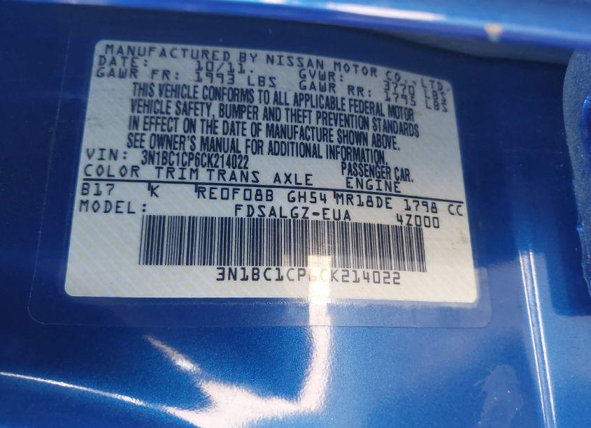 Photo 9 of 2012 Nissan Versa 1.8 SL (VIN 3N1BC1CP6CK214022)