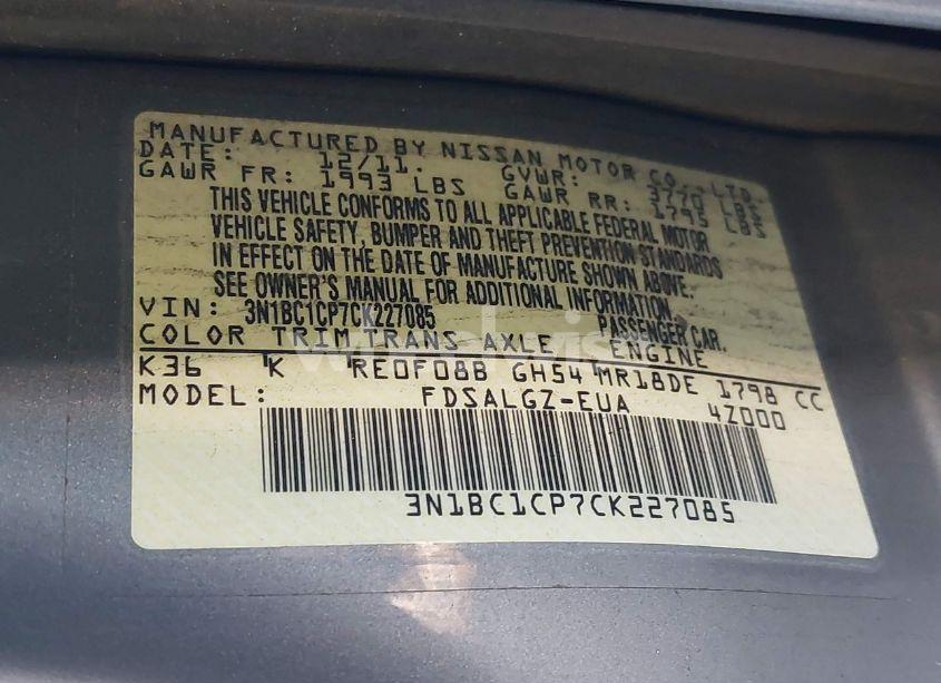 Photo 9 of 2012 Nissan Versa 1.8 SL (VIN 3N1BC1CP7CK227085)