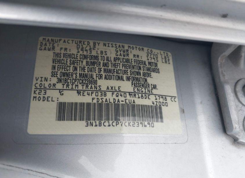 Photo 9 of 2012 Nissan Versa 1.8 S (VIN 3N1BC1CP7CK239690)