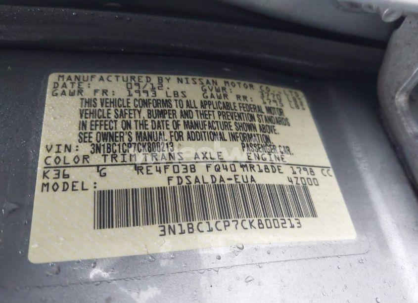 Photo 9 of 2012 Nissan Versa 1.8 S (VIN 3N1BC1CP7CK800213)