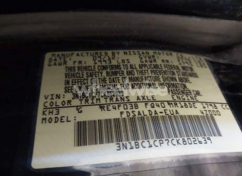 Photo 9 of 2012 Nissan Versa 1.8 S (VIN 3N1BC1CP7CK802639)