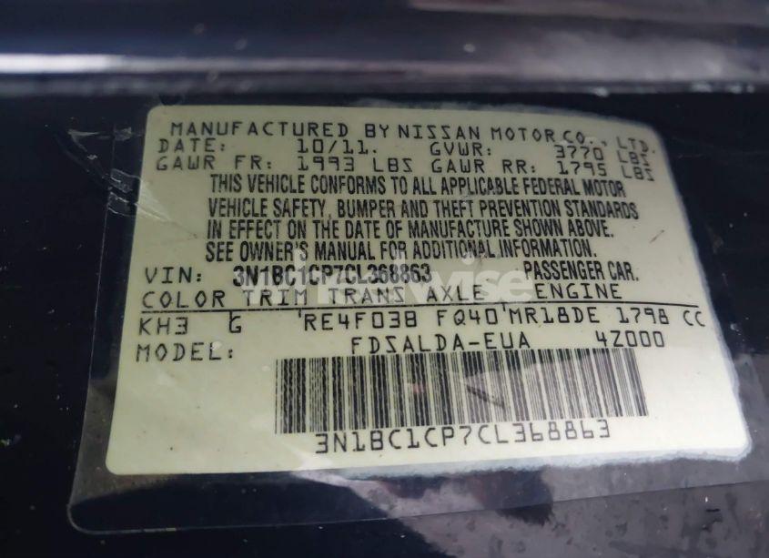 Photo 9 of 2012 Nissan Versa 1.8 S (VIN 3N1BC1CP7CL368863)