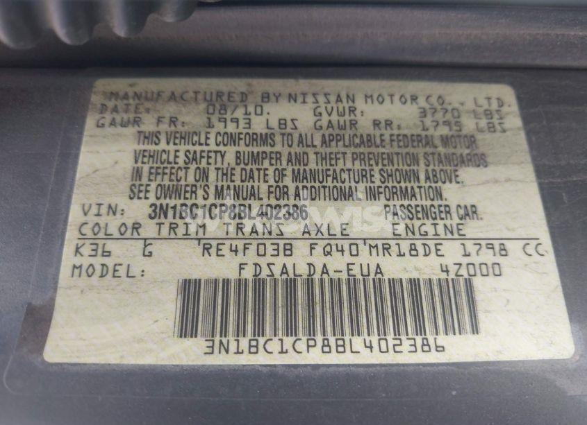 Photo 9 of 2011 Nissan Versa 1.8S (VIN 3N1BC1CP8BL402386)