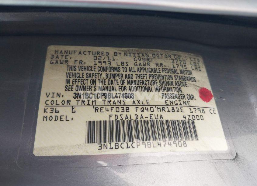 Photo 9 of 2011 Nissan Versa 1.8S (VIN 3N1BC1CP9BL474908)