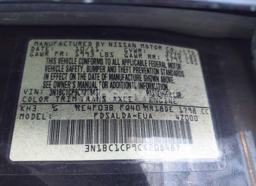 Photo 9 of 2012 Nissan Versa 1.8 S (VIN 3N1BC1CP9CK208487)