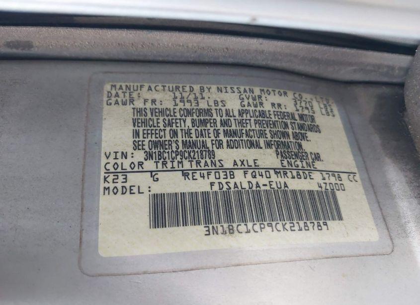 Photo 9 of 2012 Nissan Versa S (VIN 3N1BC1CP9CK218789)