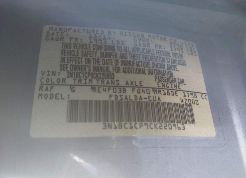 Photo 9 of 2012 Nissan Versa 1.8 S (VIN 3N1BC1CP9CK220963)