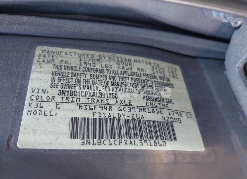 Photo 9 of 2010 Nissan Versa 1.8S (VIN 3N1BC1CPXAL391860)