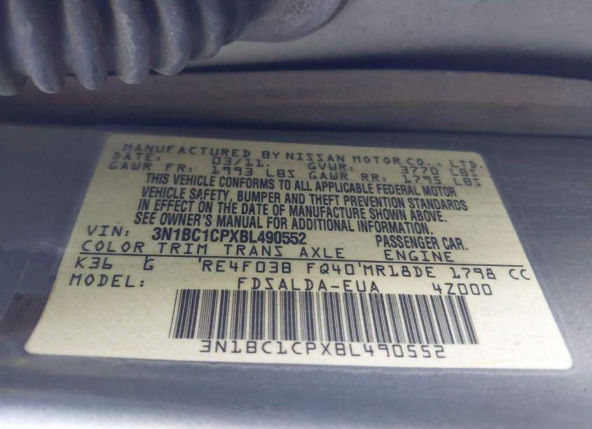 Photo 9 of 2011 Nissan Versa 1.8S (VIN 3N1BC1CPXBL490552)