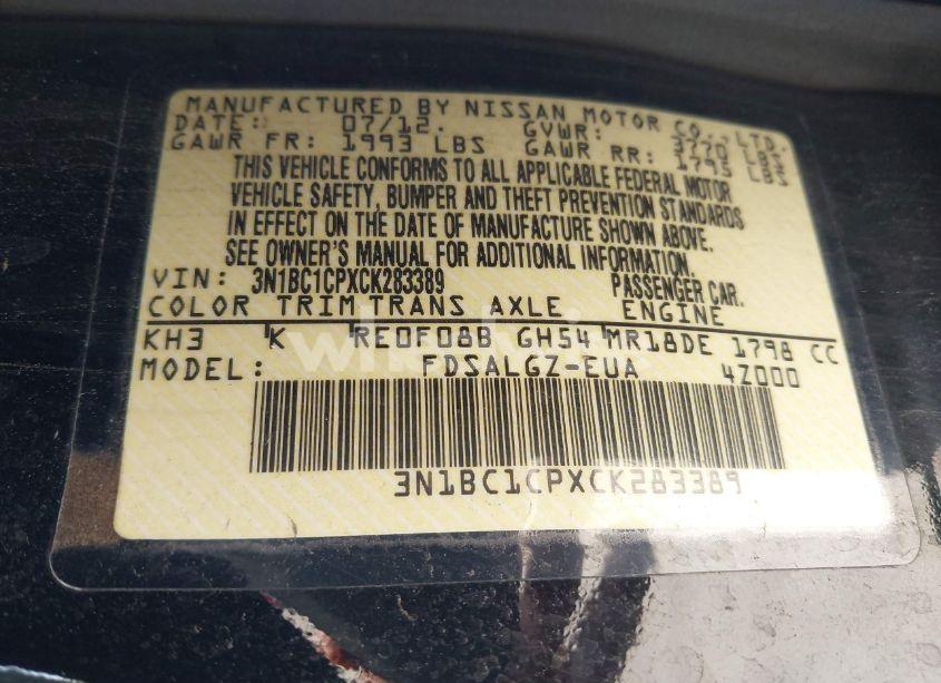 Photo 9 of 2012 Nissan Versa 1.8 SL (VIN 3N1BC1CPXCK283389)