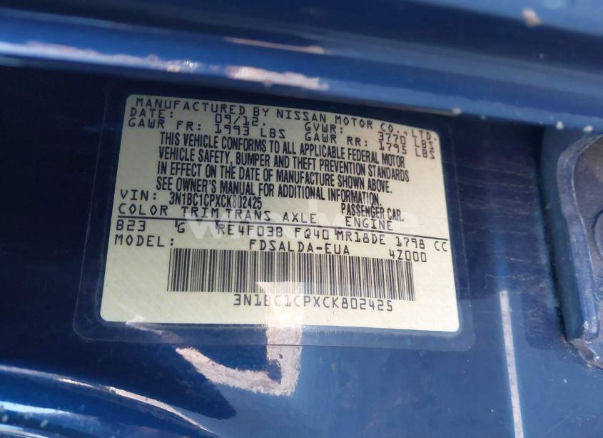 Photo 9 of 2012 Nissan Versa 1.8 S (VIN 3N1BC1CPXCK802425)