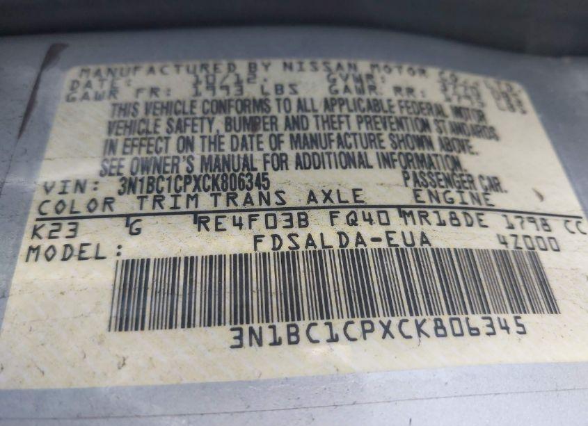 Photo 9 of 2012 Nissan Versa 1.8 S (VIN 3N1BC1CPXCK806345)