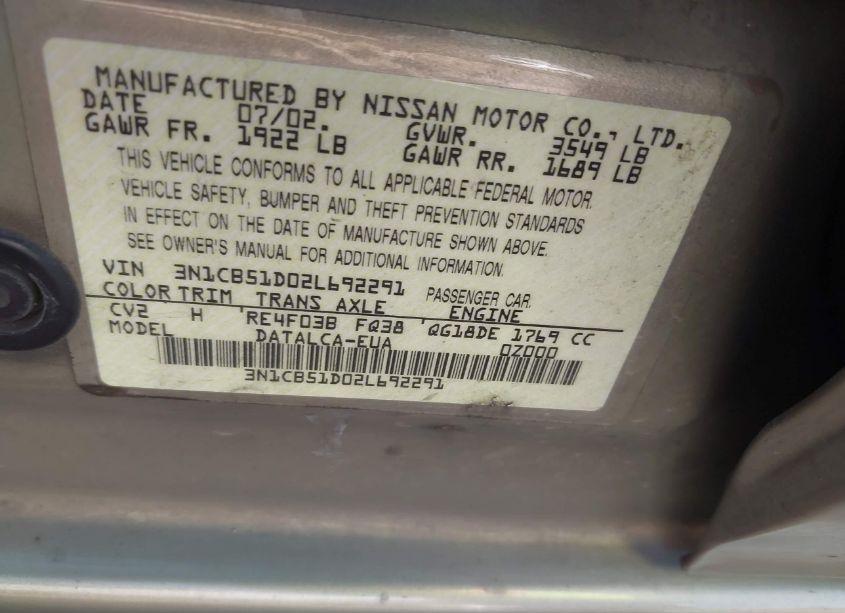 Photo 9 of 2002 Nissan Sentra XE (VIN 3N1CB51D02L692291)