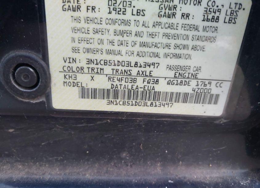 Photo 9 of 2003 Nissan Sentra GXE (VIN 3N1CB51D03L813497)