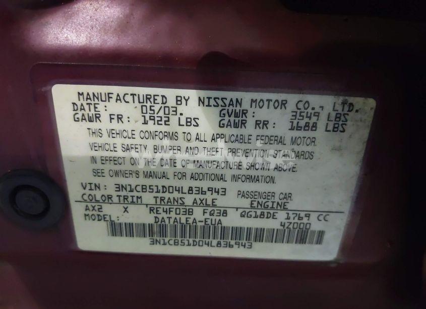 Photo 9 of 2004 Nissan Sentra 1.8S (VIN 3N1CB51D04L836943)