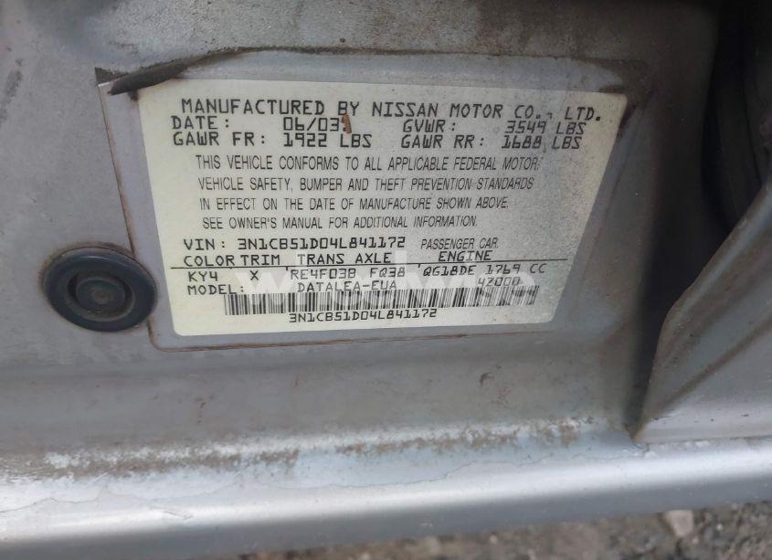 Photo 9 of 2004 Nissan Sentra 1.8S (VIN 3N1CB51D04L841172)