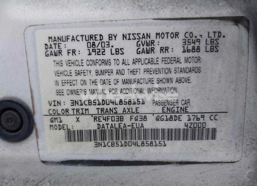Photo 9 of 2004 Nissan Sentra 1.8S (VIN 3N1CB51D04L858151)