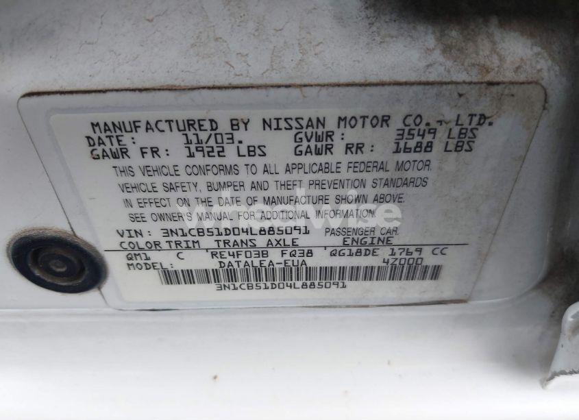 Photo 9 of 2004 Nissan Sentra 1.8S (VIN 3N1CB51D04L885091)