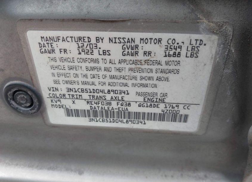Photo 9 of 2004 Nissan Sentra 1.8S (VIN 3N1CB51D04L890341)