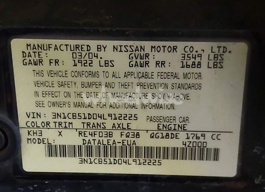 Photo 9 of 2004 Nissan Sentra 1.8S (VIN 3N1CB51D04L912225)