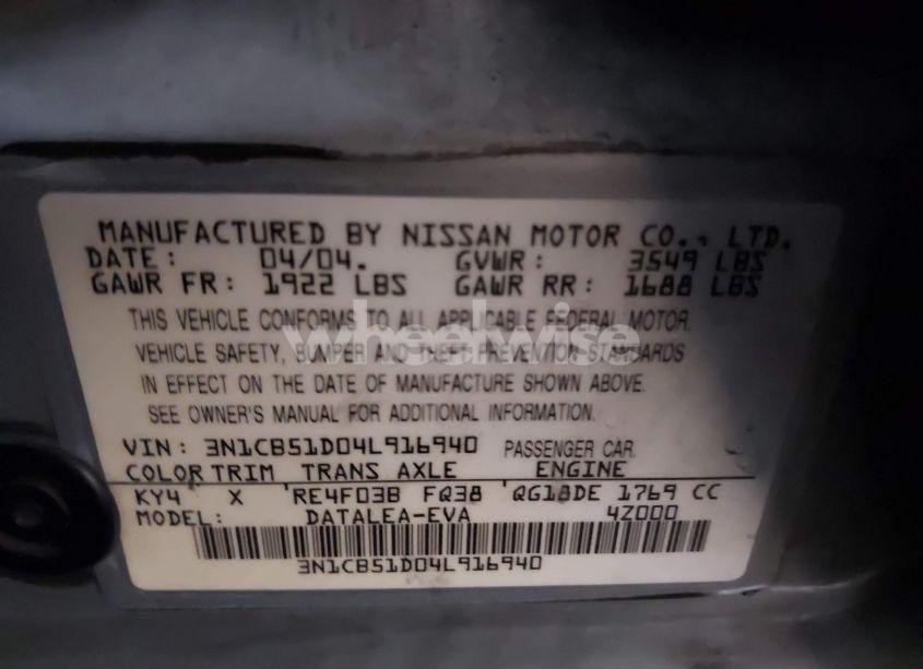 Photo 9 of 2004 Nissan Sentra 1.8S (VIN 3N1CB51D04L916940)