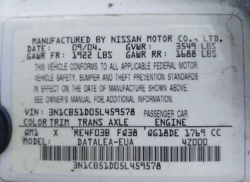Photo 9 of 2005 Nissan Sentra 1.8S (VIN 3N1CB51D05L459578)