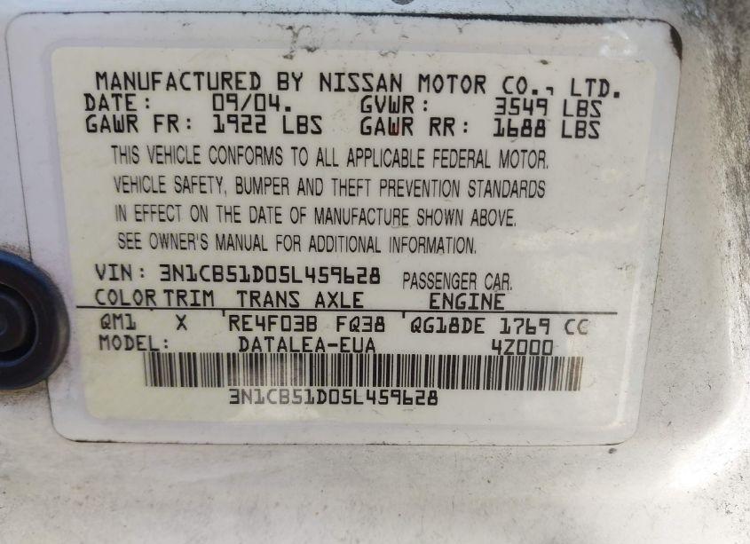 Photo 9 of 2005 Nissan Sentra 1.8S (VIN 3N1CB51D05L459628)