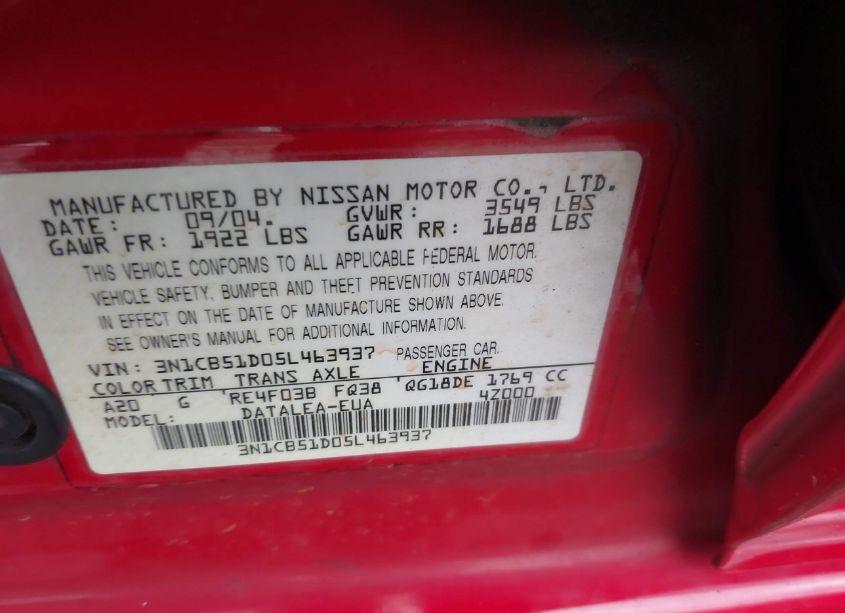 Photo 9 of 2005 Nissan Sentra 1.8S (VIN 3N1CB51D05L463937)