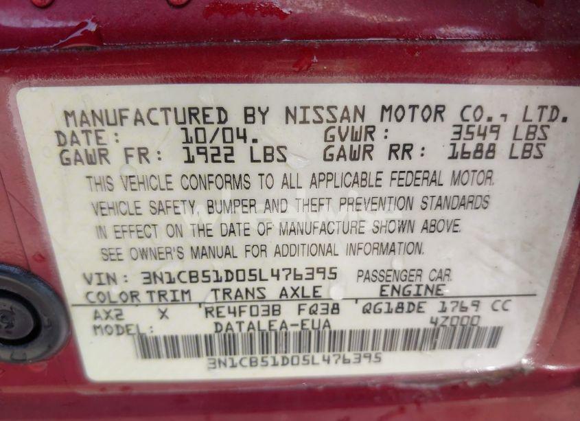Photo 9 of 2005 Nissan Sentra 1.8S (VIN 3N1CB51D05L476395)