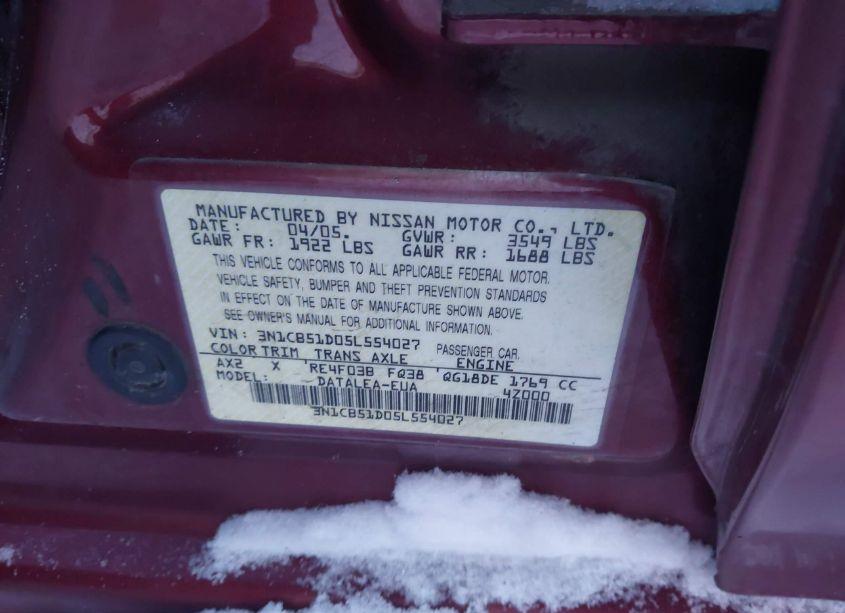 Photo 9 of 2005 Nissan Sentra 1.8S (VIN 3N1CB51D05L554027)