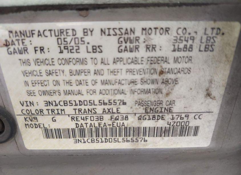 Photo 9 of 2005 Nissan Sentra 1.8S (VIN 3N1CB51D05L565576)