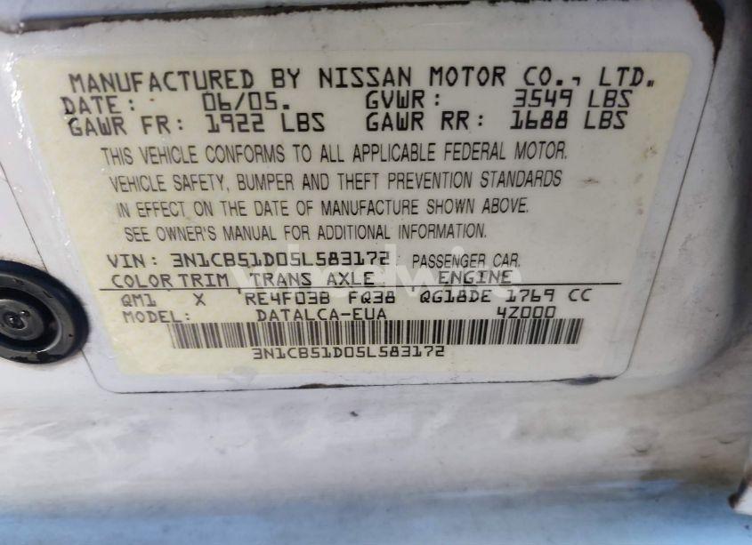 Photo 9 of 2005 Nissan Sentra 1.8 (VIN 3N1CB51D05L583172)