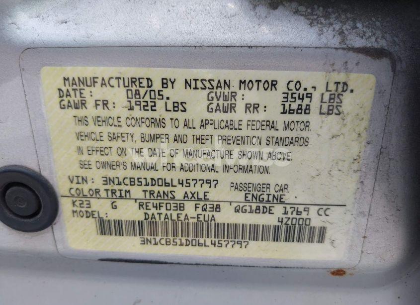 Photo 9 of 2006 Nissan Sentra 1.8S (VIN 3N1CB51D06L457797)