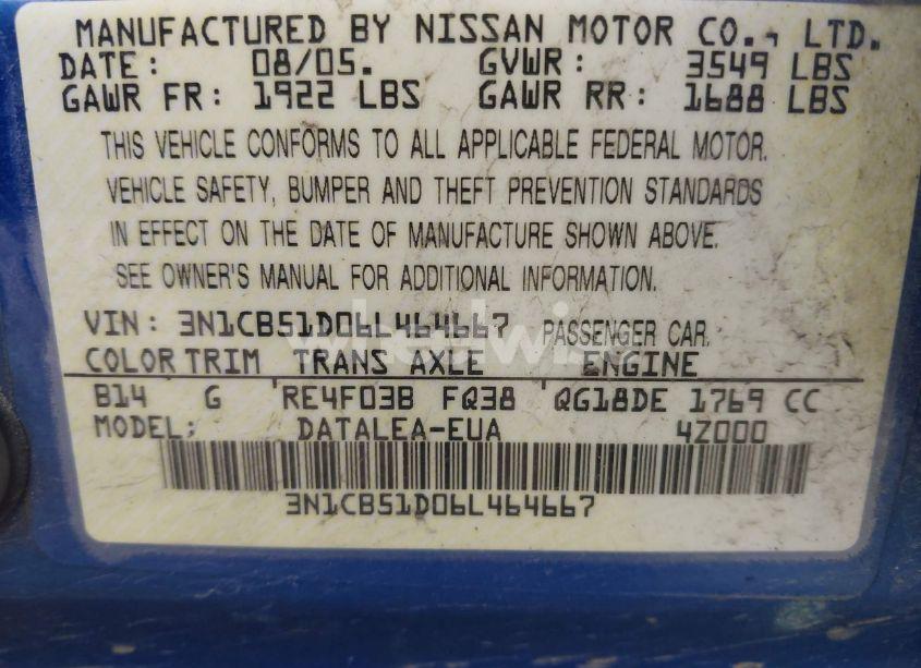 Photo 9 of 2006 Nissan Sentra 1.8S (VIN 3N1CB51D06L464667)