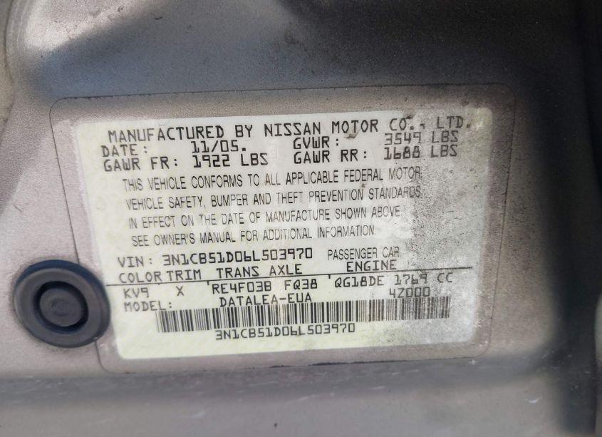 Photo 9 of 2006 Nissan Sentra 1.8S (VIN 3N1CB51D06L503970)