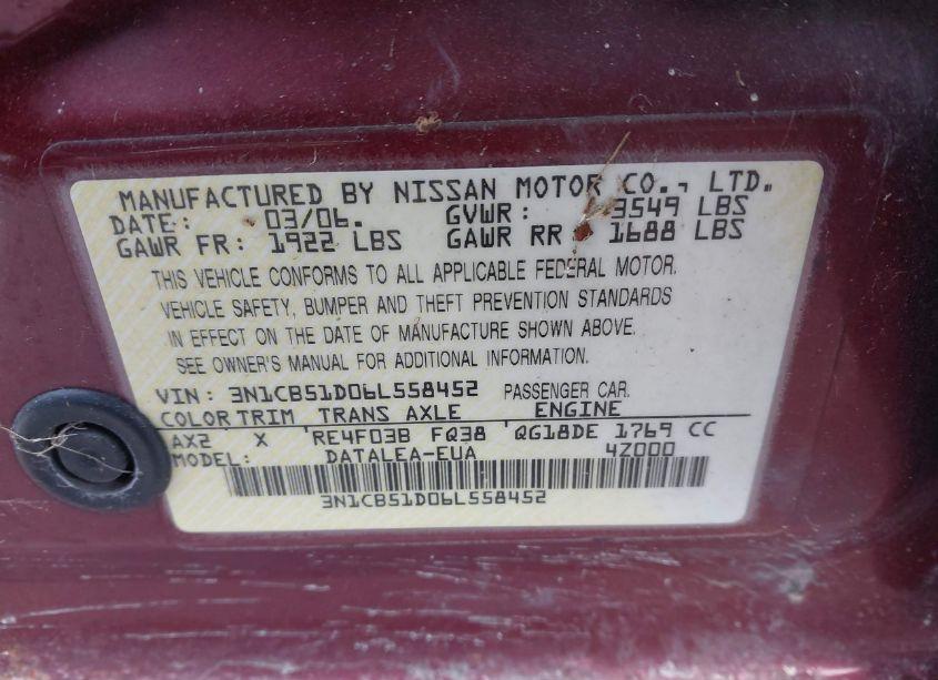 Photo 9 of 2006 Nissan Sentra 1.8S (VIN 3N1CB51D06L558452)