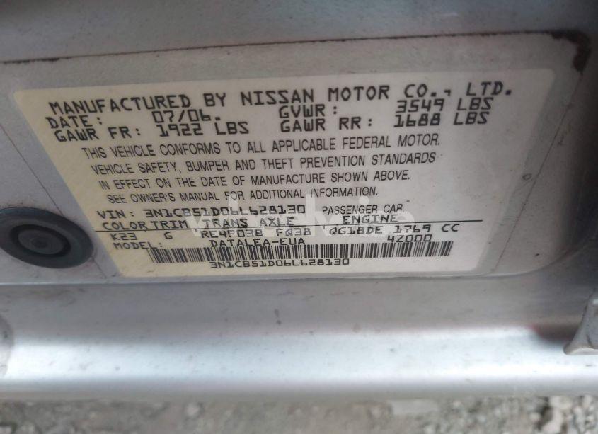 Photo 9 of 2006 Nissan Sentra 1.8S (VIN 3N1CB51D06L628130)
