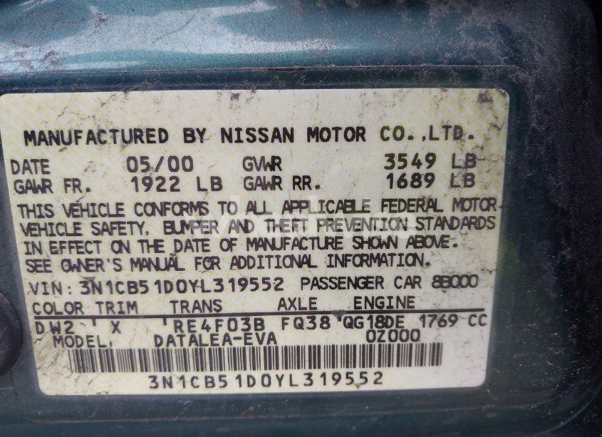 Photo 9 of 2000 Nissan Sentra GXE/XE (VIN 3N1CB51D0YL319552)