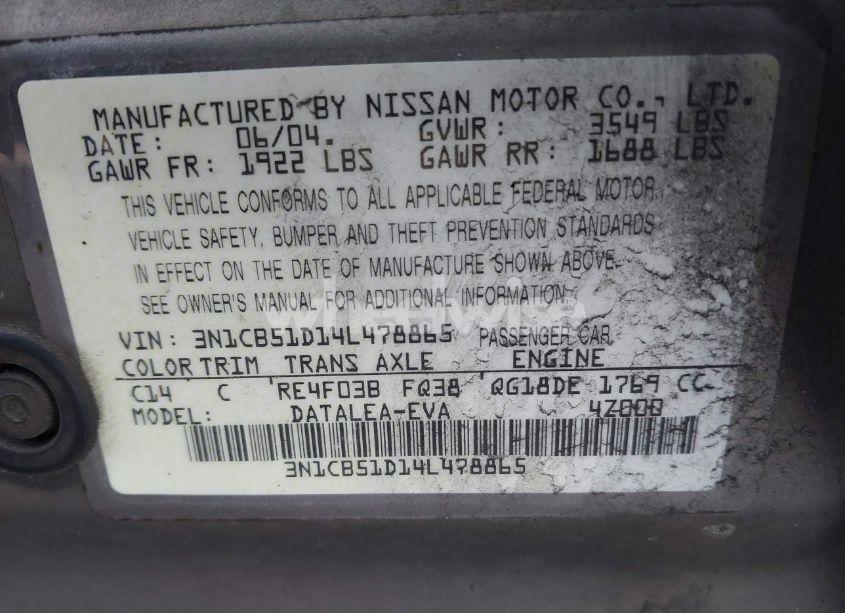 Photo 9 of 2004 Nissan Sentra 1.8S (VIN 3N1CB51D14L478865)