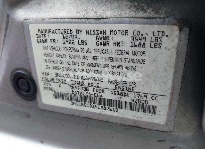 Photo 9 of 2004 Nissan Sentra 1.8S (VIN 3N1CB51D14L887612)