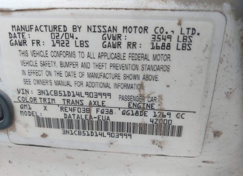 Photo 9 of 2004 Nissan Sentra 1.8S (VIN 3N1CB51D14L903999)